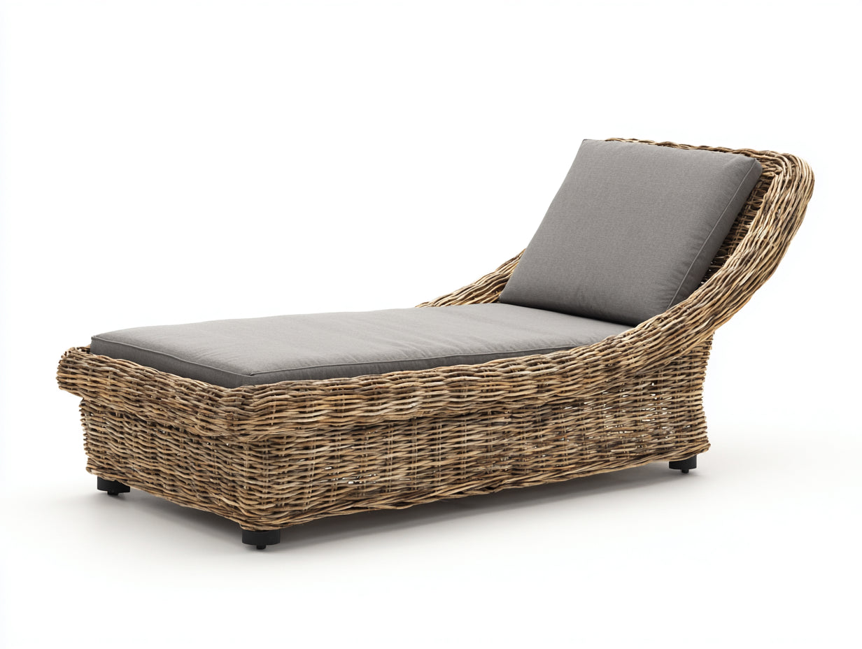 Bain de soleil - rotin-tissu - 202 x 82 x 91 cm - gris-rotin naturel - style organique à dossier incliné