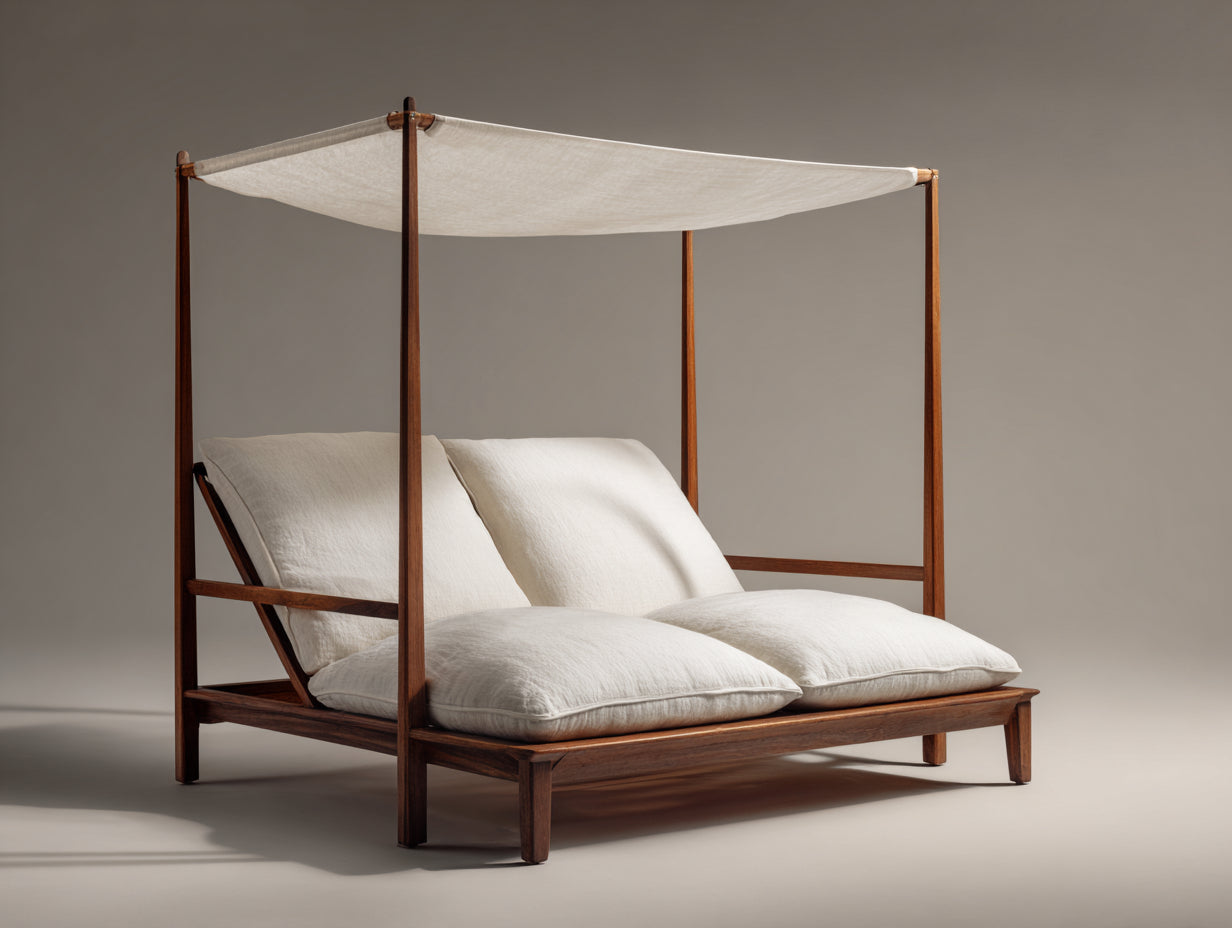 Bain de soleil - bois-tissu - 198 x 160 x 198 cm - blanc cassé-bois brun - style naturel avec baldaquin