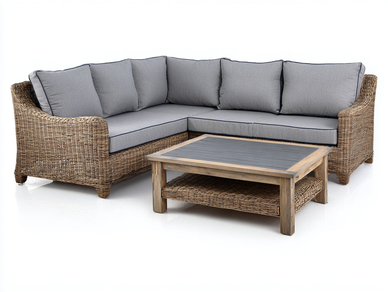Canapé de jardin - Résine tressée-bois-textile - 258 x 210 x 82 cm - Brun naturel-gris - Style contemporain