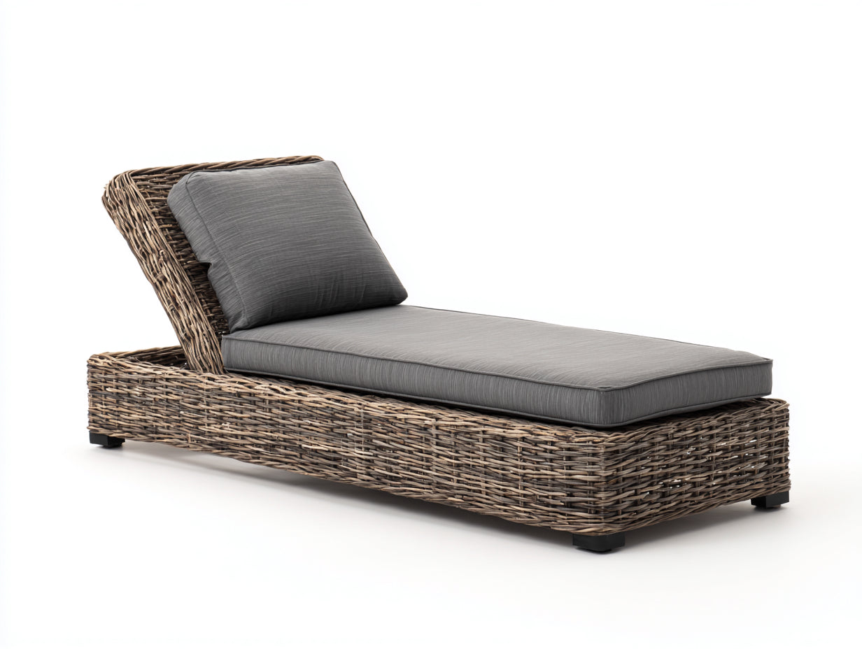 Bain de soleil - rotin-tissu - 200 x 76 x 101 cm - gris-rotin naturel - style moderne à dossier réglable