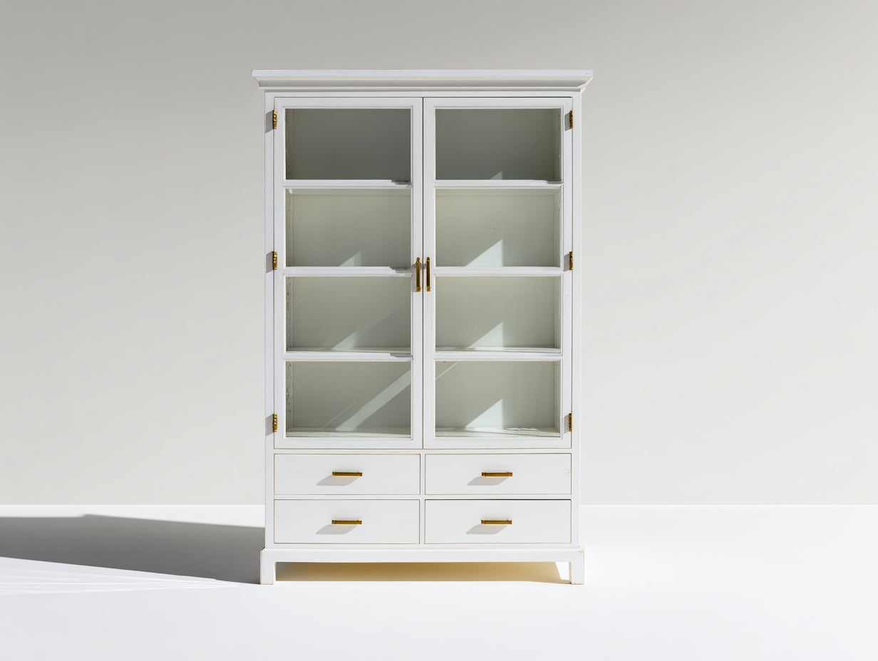 Vitrine - Bois - Verre - 92 x 42 x 192 cm - Blanc-Or - Style classique