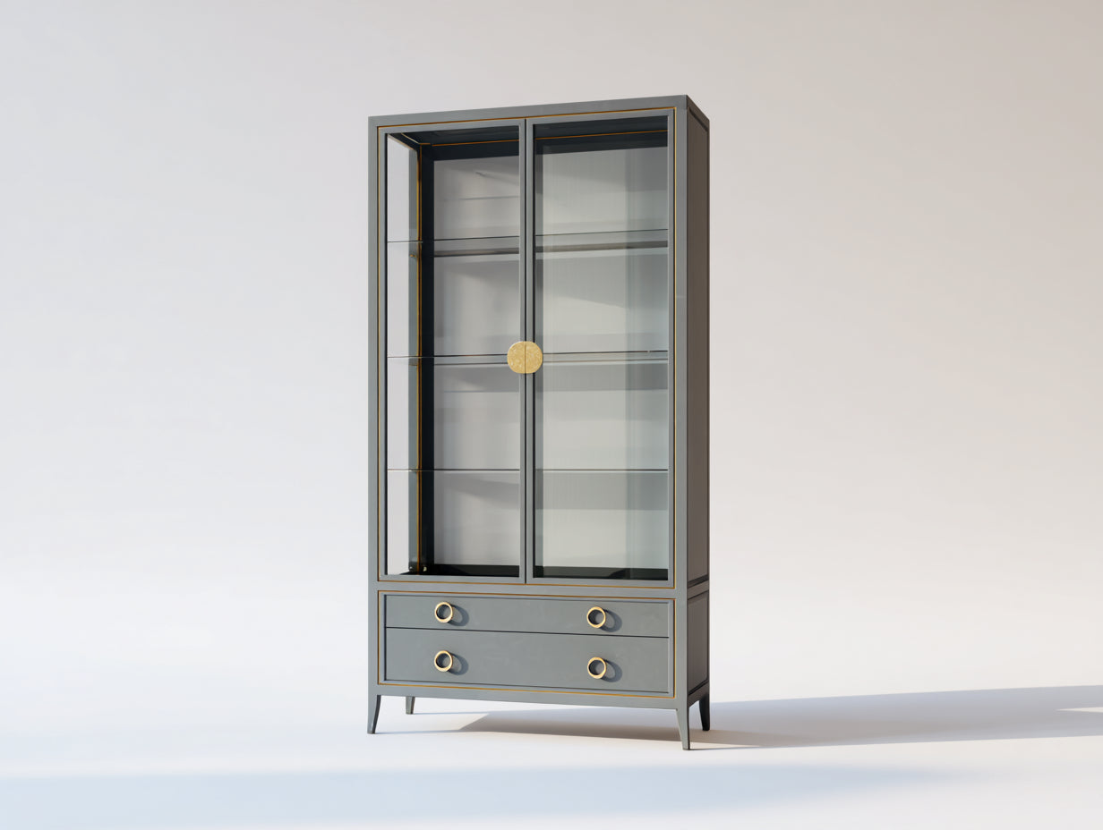 Vitrine - Métal-verre - 90 x 40 x 190 cm - Gris anthracite-Or - Style moderne