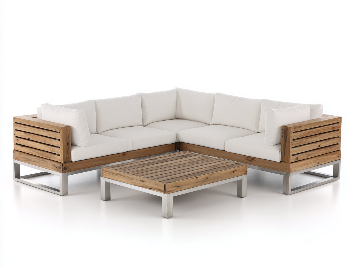 Canapé de jardin - Bois-métal-textile - 276 x 276 x 78 cm - Bois naturel-blanc-argent - Style contemporain