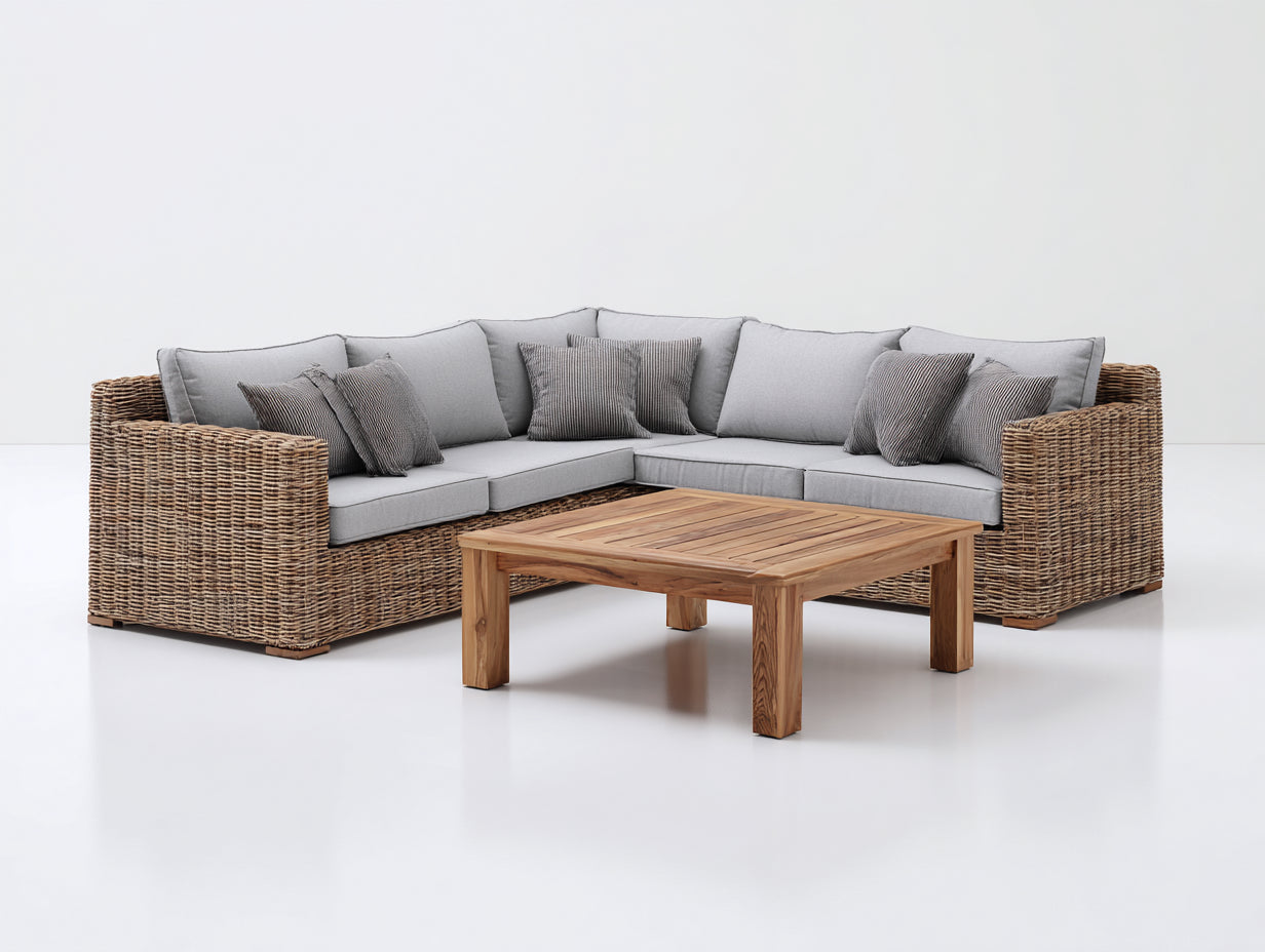 Canapé de jardin - Résine tressée-bois-textile - 278 x 278 x 79 cm - Brun naturel-gris clair - Style contemporain