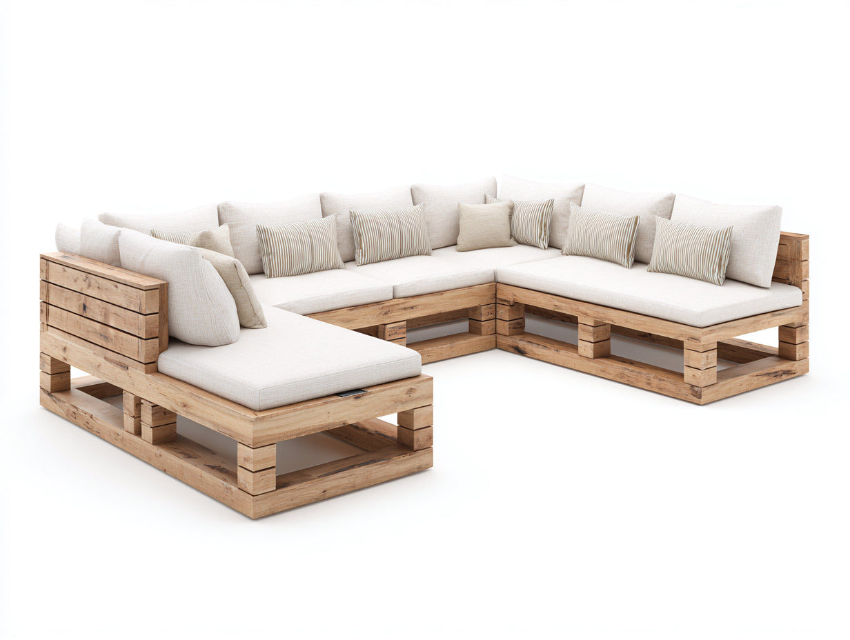 Canapé de jardin - Bois-textile - 344 x 246 x 78 cm - Bois naturel-blanc cassé - Style contemporain