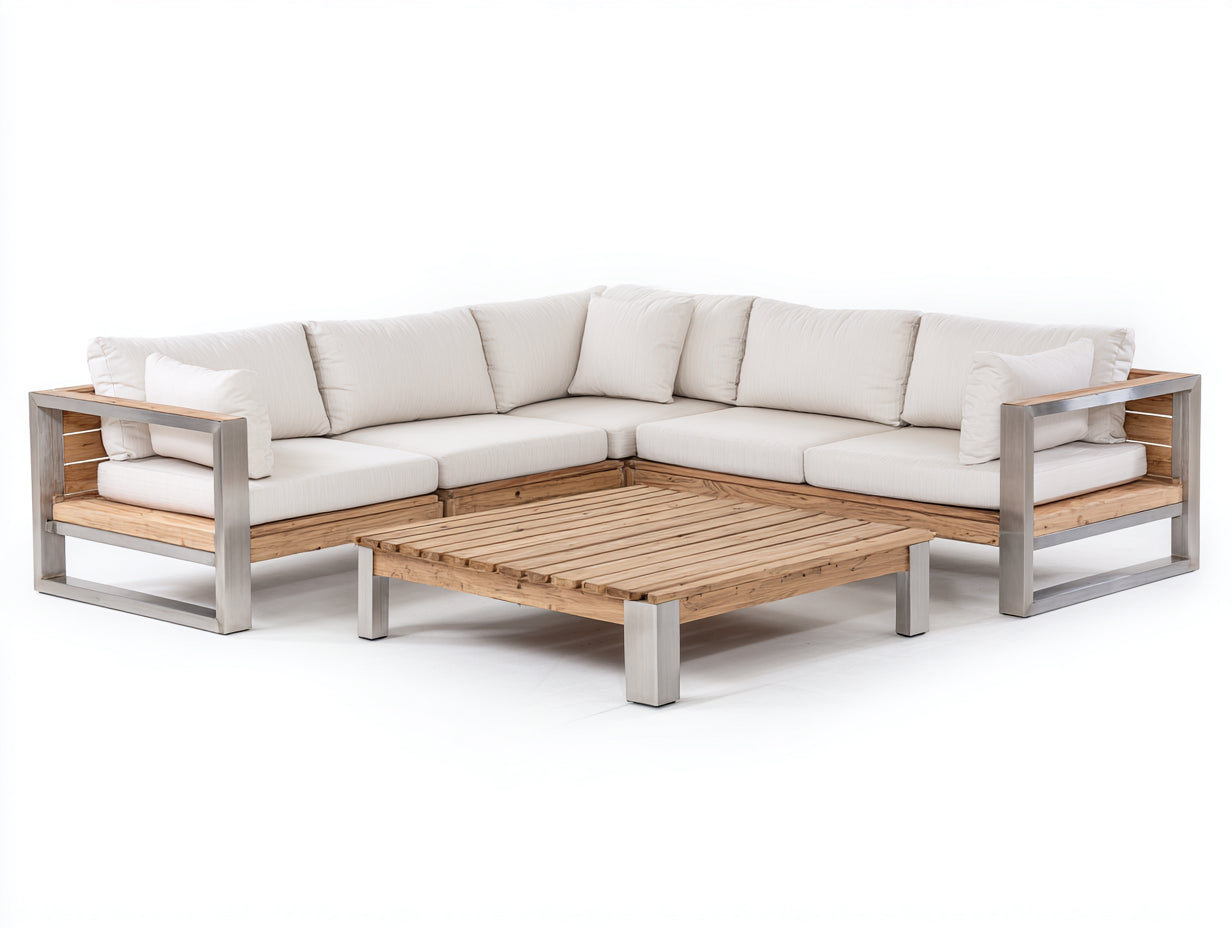 Canapé de jardin - Bois-métal-textile - 286 x 286 x 79 cm - Bois naturel-blanc-argent - Style contemporain