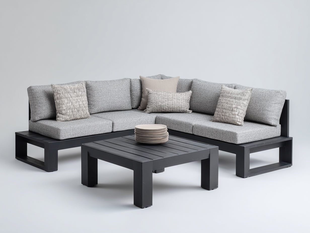 Canapé de jardin - Bois-textile - 246 x 246 x 76 cm - Noir-gris clair - Style contemporain