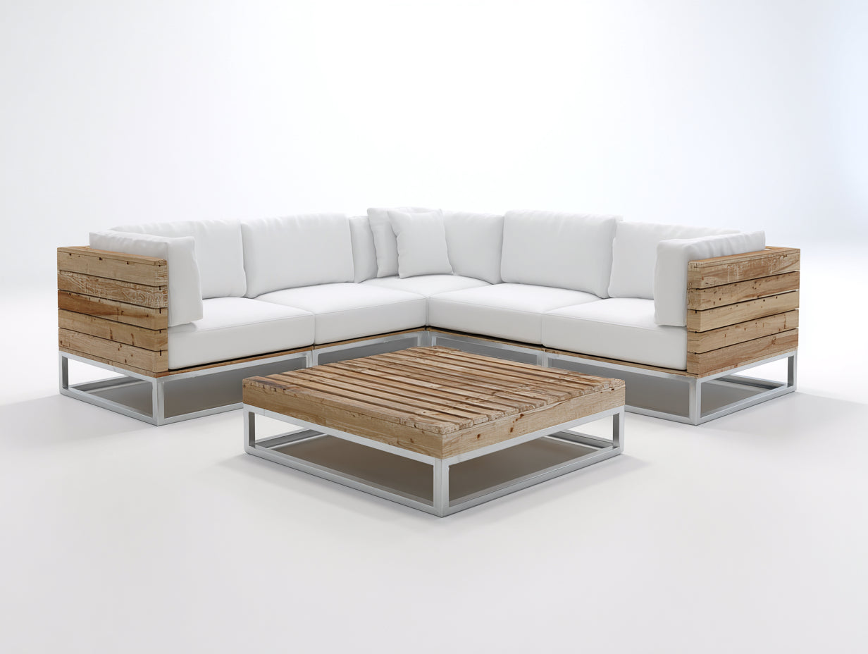 Canapé de jardin - Bois-métal-textile - 276 x 276 x 77 cm - Bois naturel-blanc-argent - Style contemporain