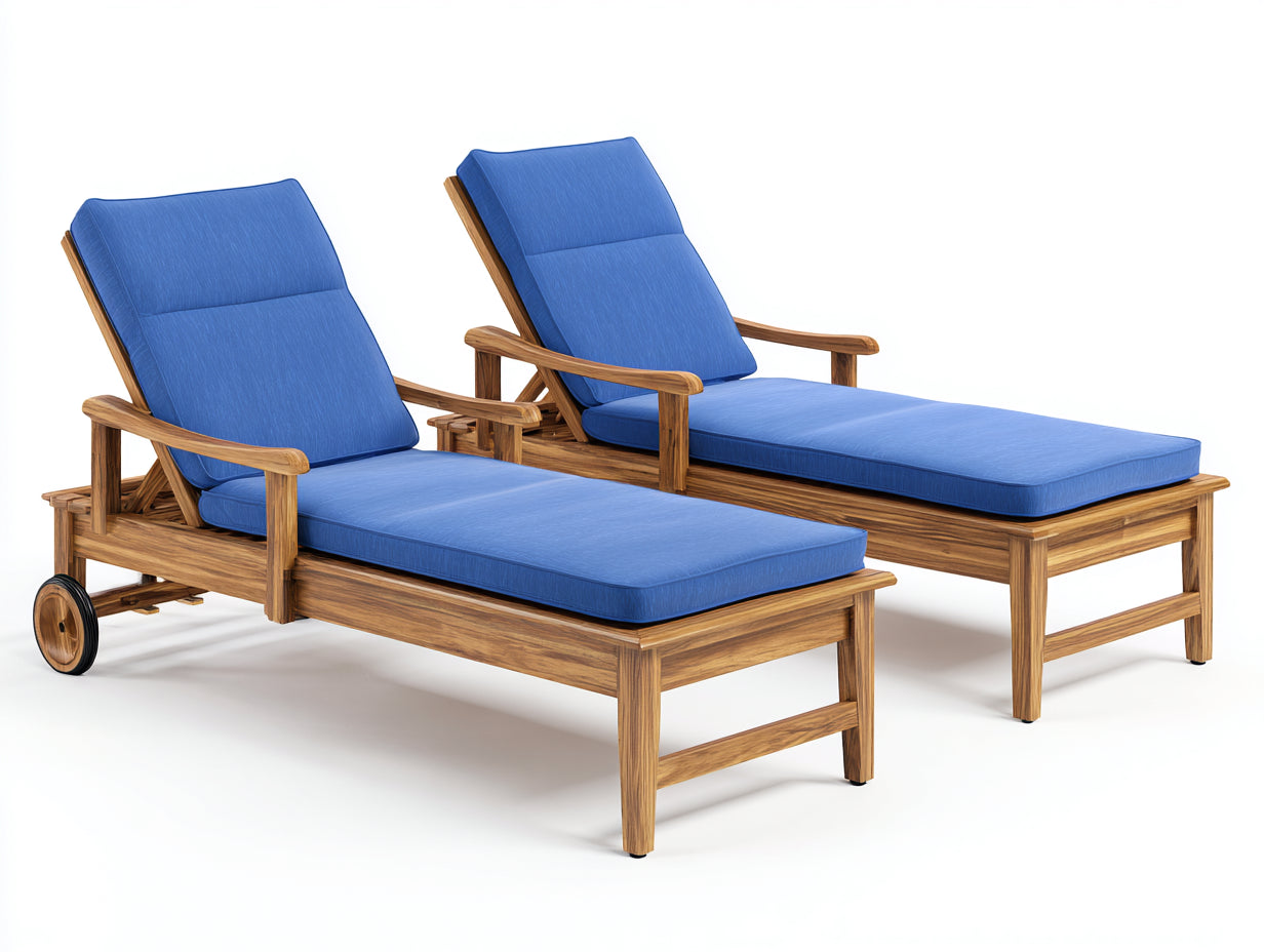 Bain de soleil - bois-tissu - 198 x 76 x 105 cm - bleu-bois naturel - style classique avec dossier réglable et roulettes