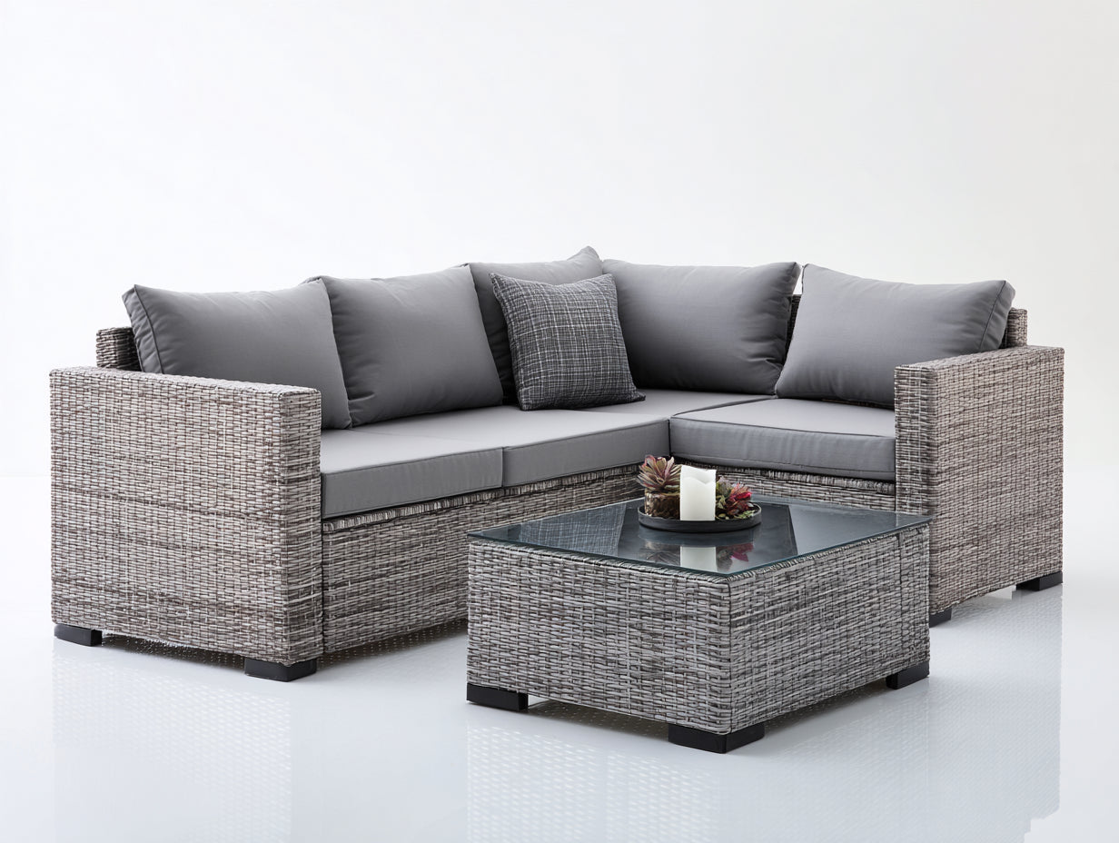 Canapé de jardin - Résine tressée-verre-textile - 228 x 176 x 77 cm - Gris clair-gris anthracite - Style contemporain