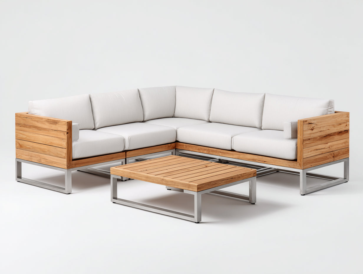 Canapé de jardin - Bois-métal-textile - 274 x 274 x 78 cm - Bois naturel-blanc-argent - Style contemporain
