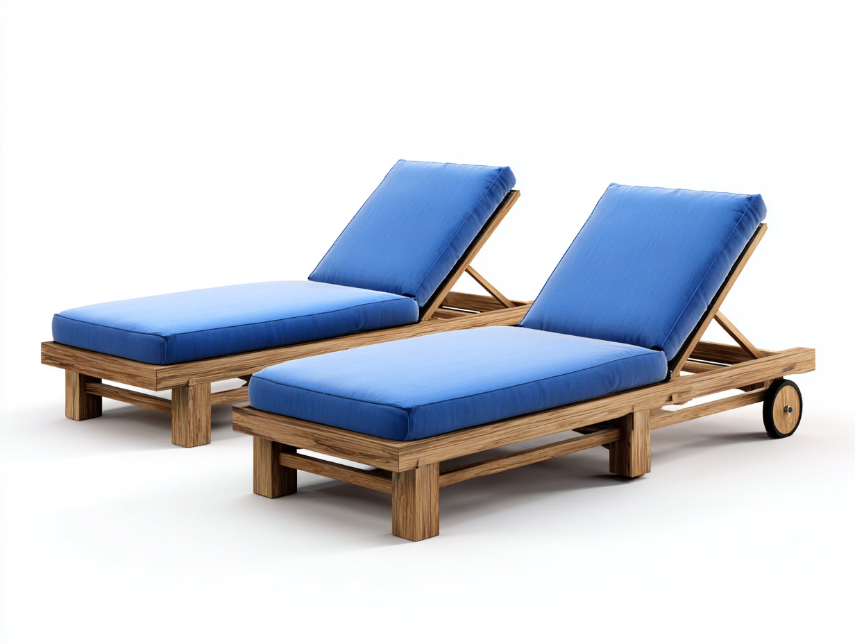 Bain de soleil - bois-tissu - 203 x 74 x 104 cm - bleu-bois naturel - style classique à dossier réglable avec roulettes