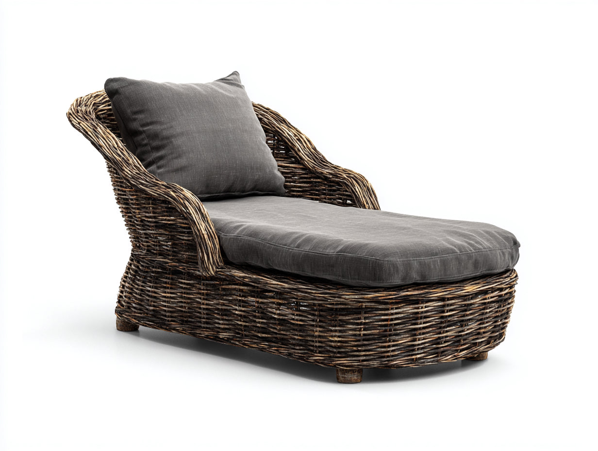 Bain de soleil - rotin-tissu - 190 x 91 x 98 cm - gris anthracite-rotin brun - style rustique avec accoudoirs
