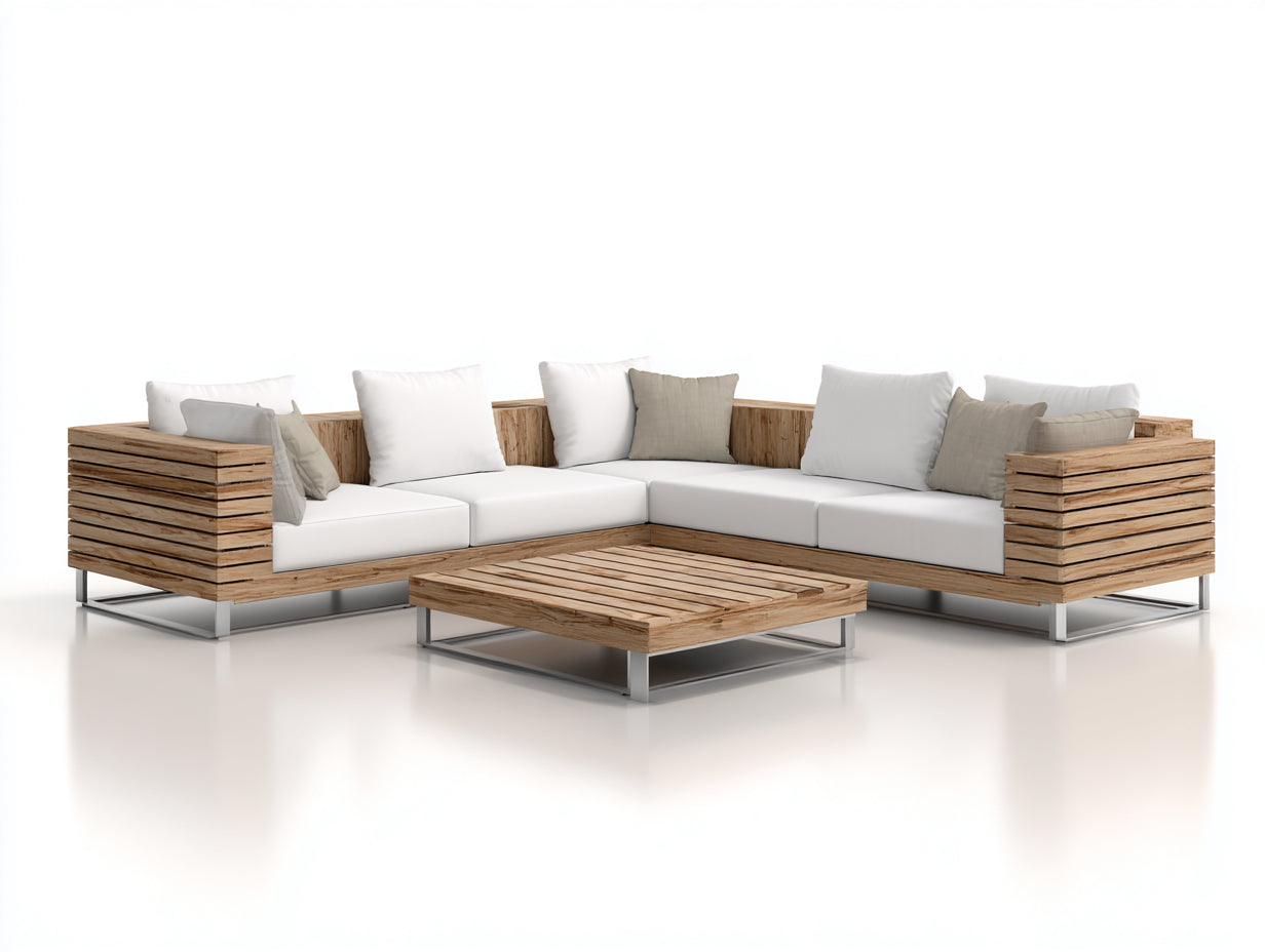 Canapé de jardin - Bois-métal-textile - 302 x 302 x 78 cm - Bois naturel-blanc-argent - Style contemporain