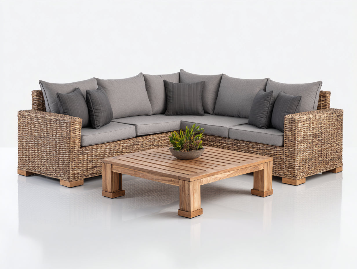 Canapé de jardin - Résine tressée-bois-textile - 268 x 268 x 79 cm - Brun naturel-gris clair-gris anthracite - Style contemporain